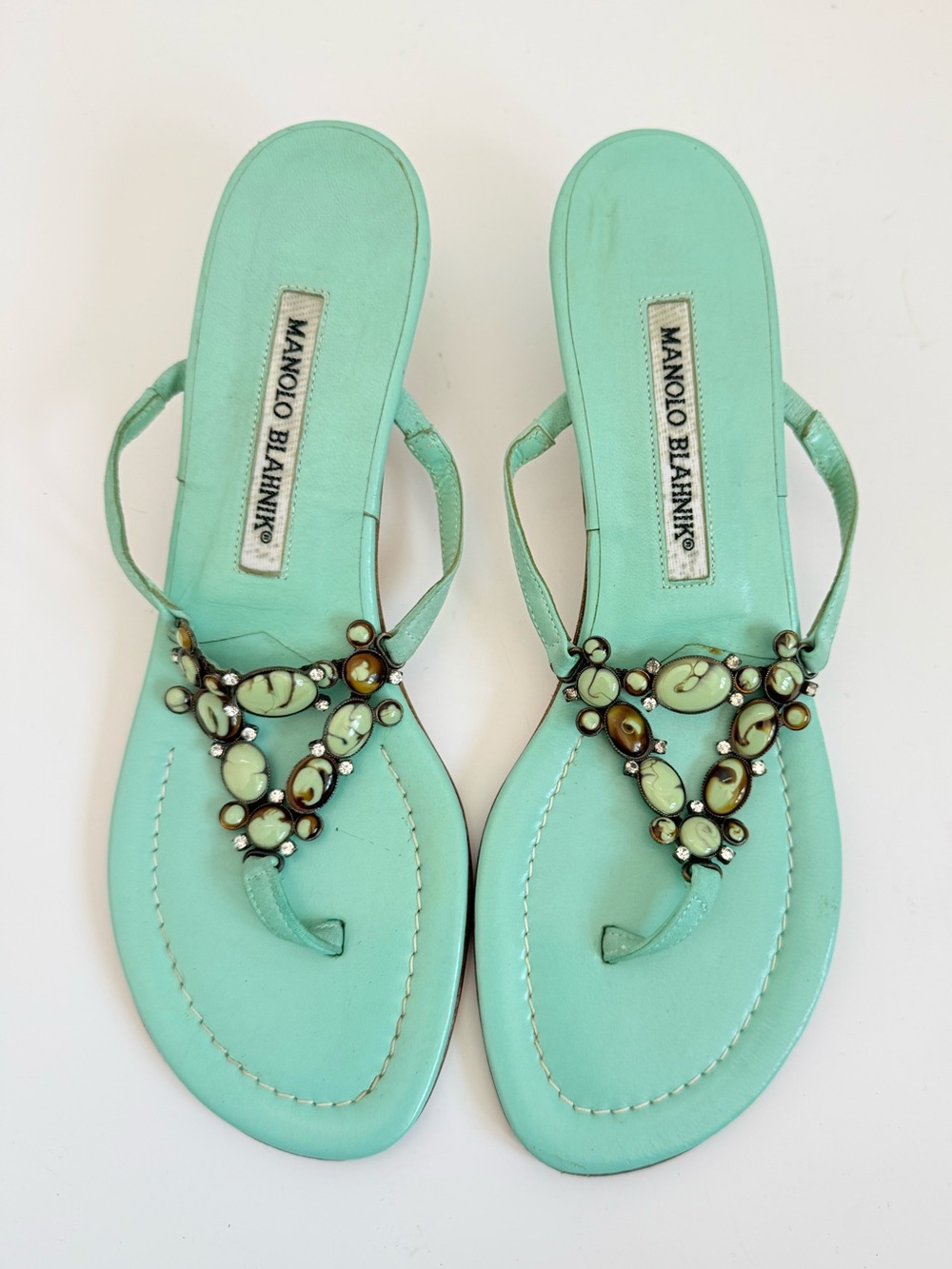 Vintage Manolo Blahnik Turquoise Jeweled Cabochon Thong Sandals 38 Y2K